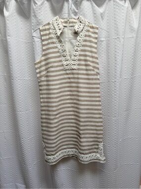 Eliza J Beige and White Striped Lace-Trim Mini Dress
